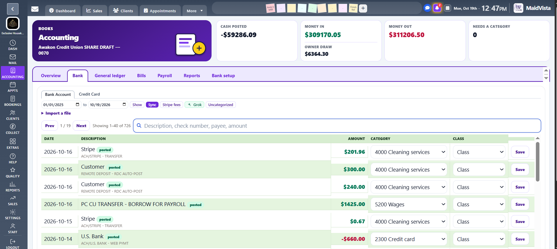 MaidVista bank transactions categorized