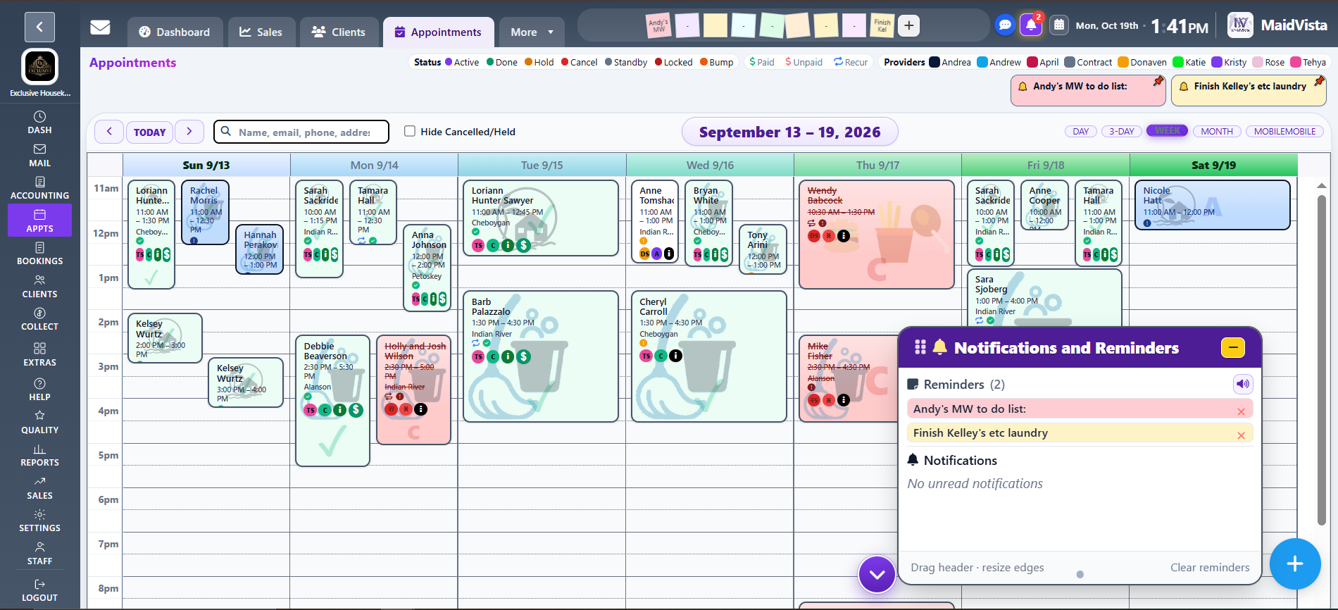 MaidVista appointments calendar with notifications and reminders open
