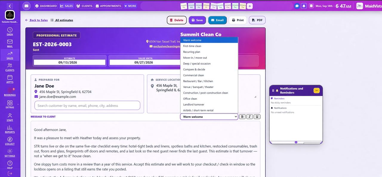 MaidVista professional estimate