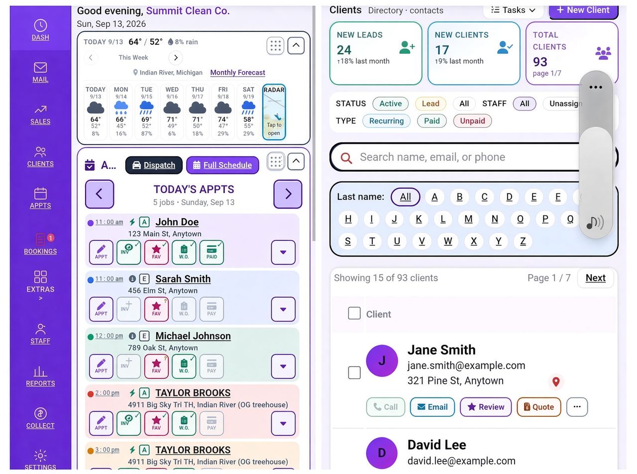 MaidVista mobile dashboard and client directory