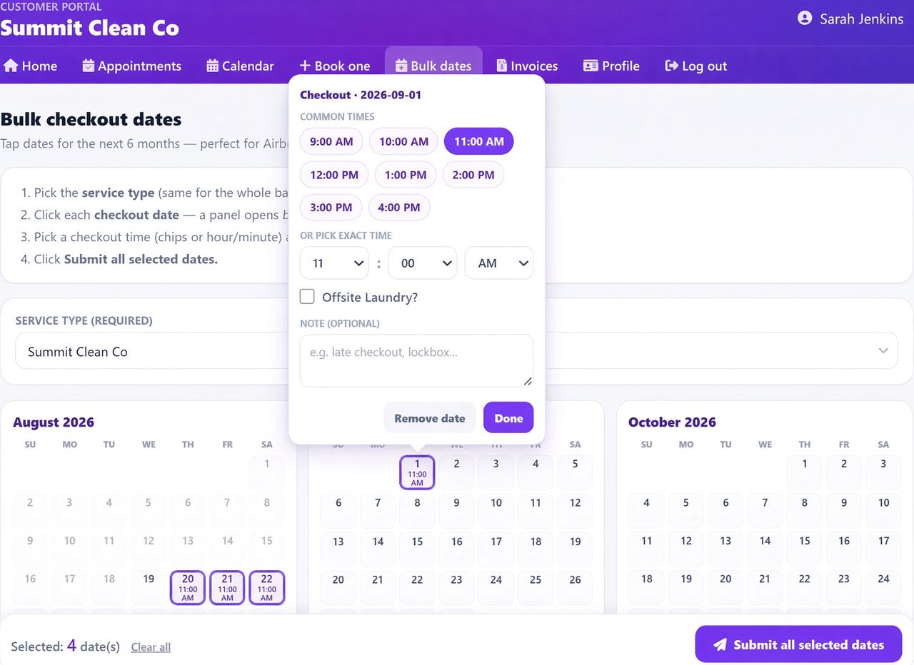 Customer portal bulk checkout dates